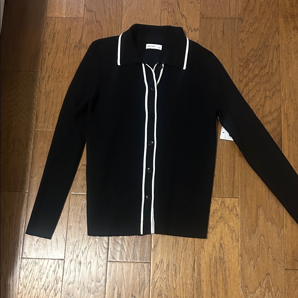 Black Cardigan sweater with White Trim. Nine West